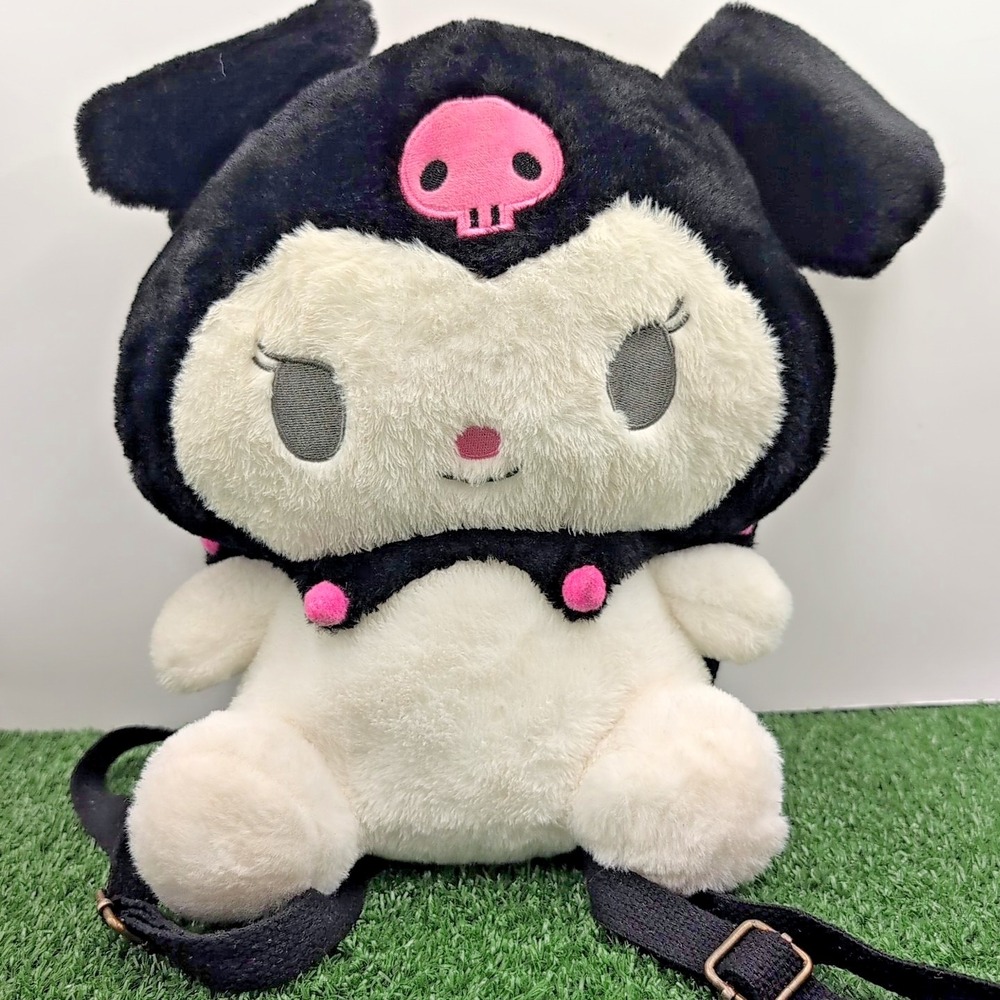 Kuromi Plush Stuffed Black White Animal Adjustable Straps Backpack 11.5" Bookbag